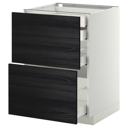 Напольный шкаф 2 фронтальные панели, 2 нижних, 1 средний, 1 высокий ящ, белый, Тингсрид черный 60x60 см IKEA МЕТОД / МАКСИМЕРА