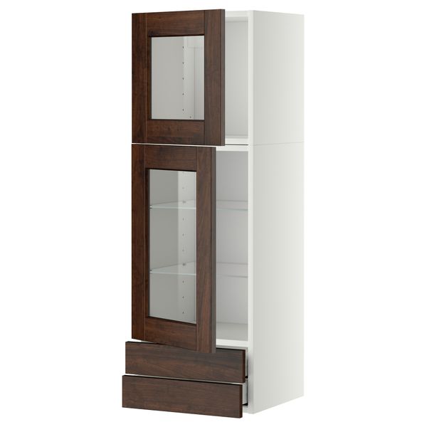 Навесной шкаф, 2 стеклянные дверцы, 2 ящика МЕТОД / МАКСИМЕРА, белый, Эдсерум коричневый - фото 1