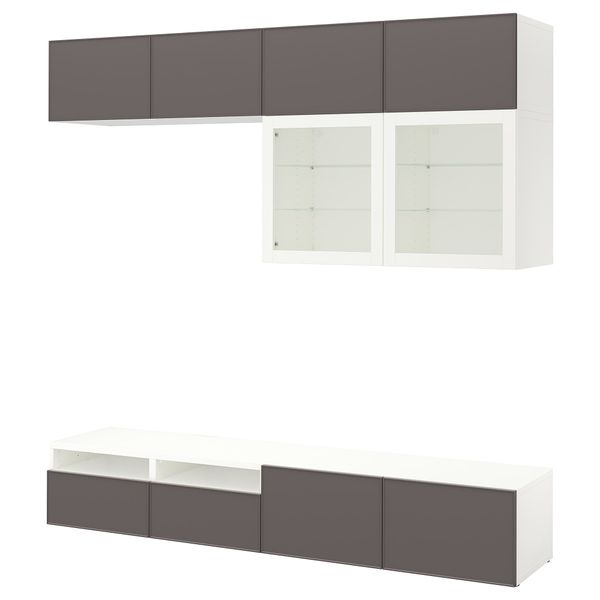 Шкаф для ТВ, комбинированный, стекляные дверцы БЕСТО, белый Грундсвикен, темно-серый прозрачное стекло (240x40x230 см) - фото 1