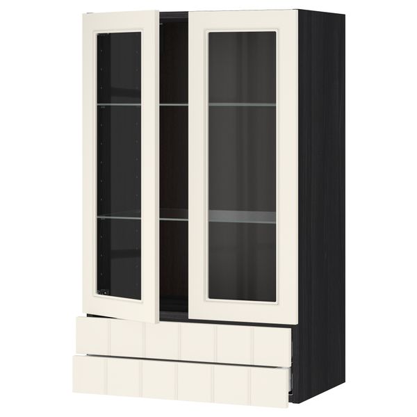 Навесной шкаф, 2 стеклянные дверцы, 2 ящика МЕТОД / МАКСИМЕРА, черный, Хитарп белый с оттенком - схема-чертеж с размерами