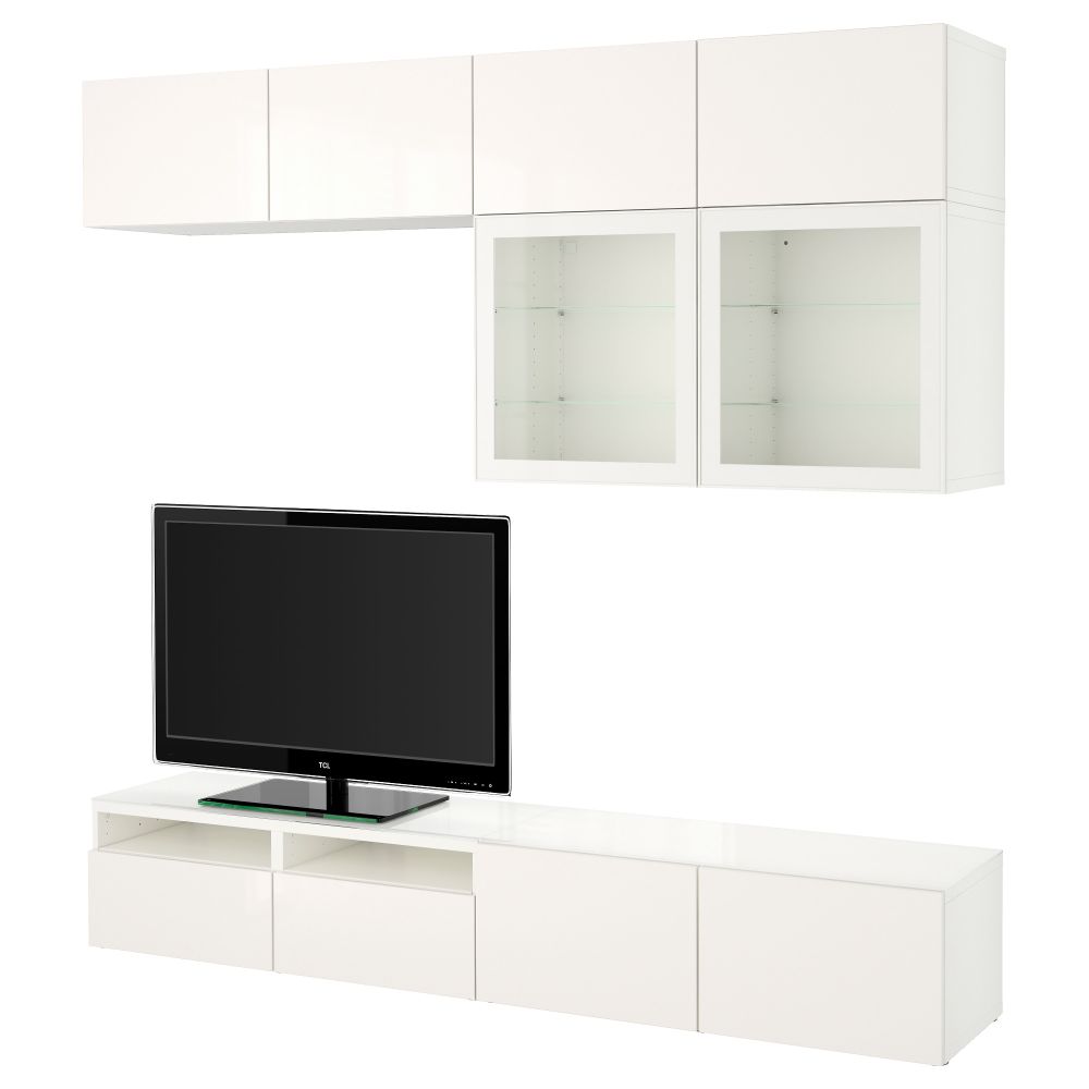 Шкаф для ТВ, комбинированный, стекляные дверцы БЕСТО, белый, Сельсвикен глянцевый/белый прозрачное стекло (240x40x230 см) - фото 1