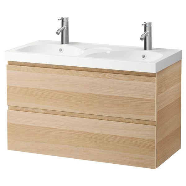 Шкаф для раковины с 2 ящиками ГОДМОРГОН / ЭДЕБОВИКЕН, под беленый дуб (100x49x64 см) - фото 2