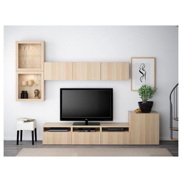 Шкаф для ТВ, комбинированный, стекляные дверцы, Лаппвикен, Синдвик под беленый дуб, прозрачное стелко, 300x20/40x211 см IKEA - фото 3