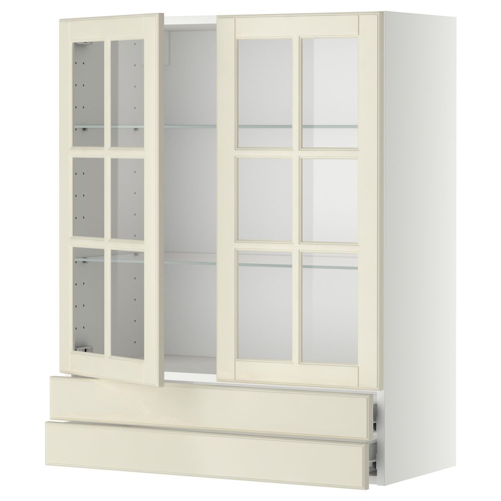 Навесной шкаф, 2 стеклянные дверцы, 2 ящика МЕТОД / ФОРВАРА, белый, Будбин белый с оттенком - фото 1