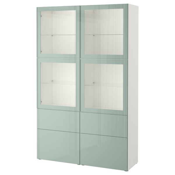 Комбинация для хранения со стеклянными дверцами БЕСТО, белый Сельсвикен, глянцевый/серо-зеленый светлый прозрачное стекло - фото 1