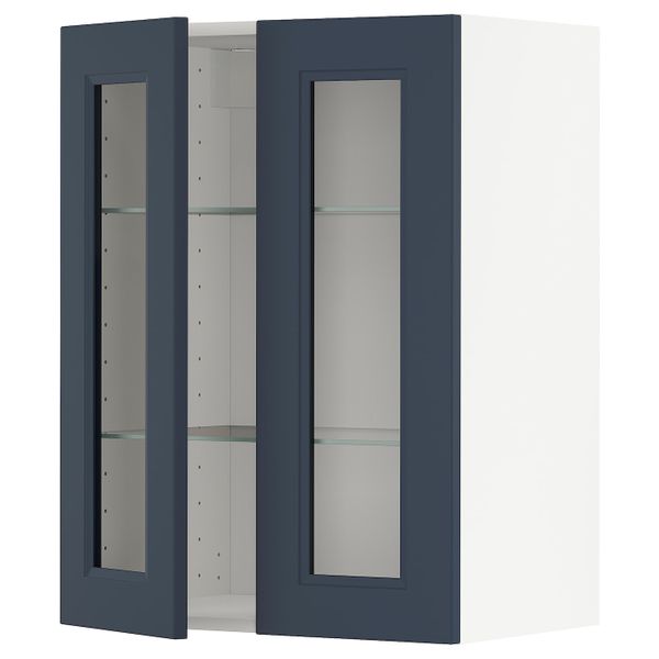 Навесной шкаф/полки/2стеклян двери, белый Акстад/матовая поверхность синий 60x80 см IKEA METOD МЕТОД 894.019.71 - фото 1