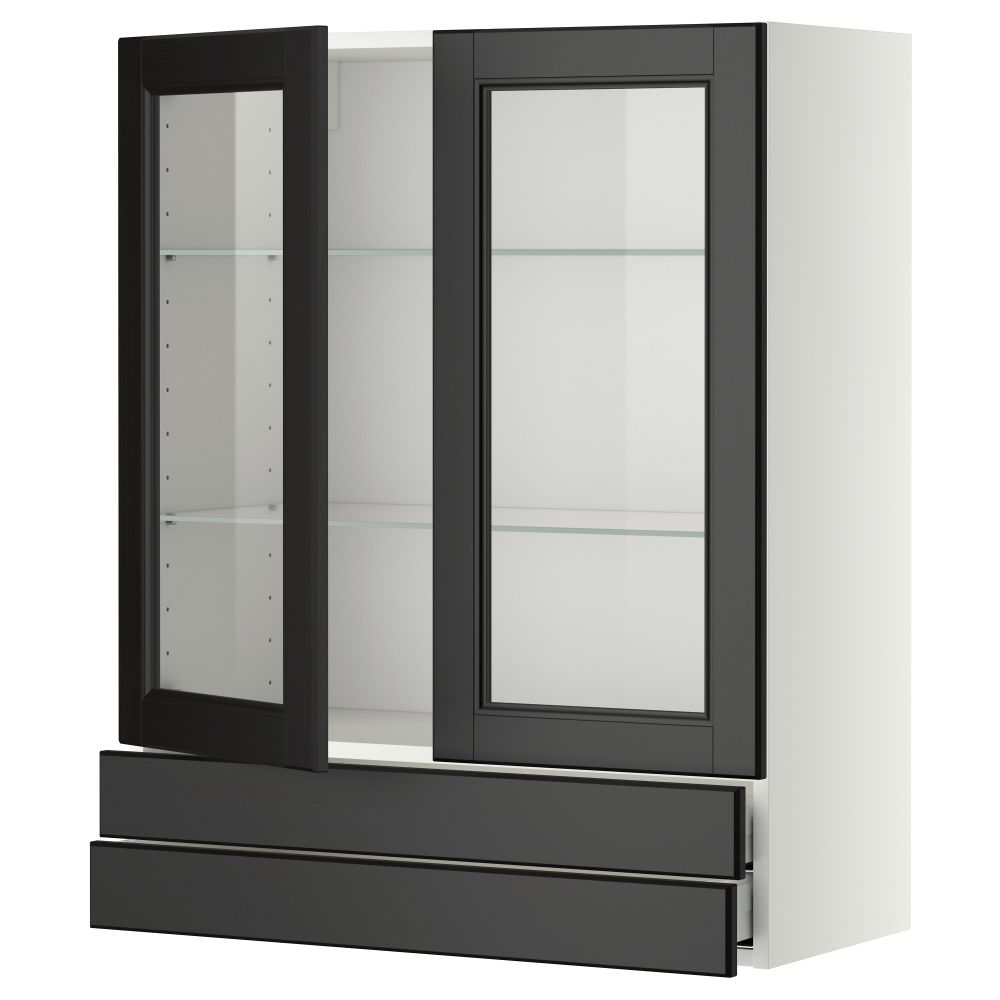 Навесной шкаф, 2 стеклянные дверцы, 2 ящика МЕТОД / МАКСИМЕРА, белый, Лаксарби черно-коричневый - фото 1