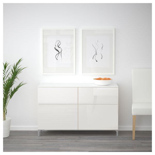 Комбинация для хранения с дверцами, ящиками БЕСТО, под беленый дуб, Сельсвикен глянцевый/белый (120x42x74 см) - схема-чертеж с размерами