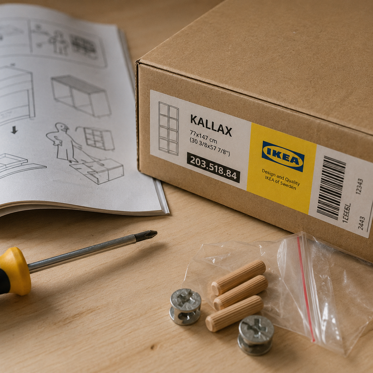 Крупный план коробки IKEA с жёлто-синей этикеткой, артикулом и штрихкодом