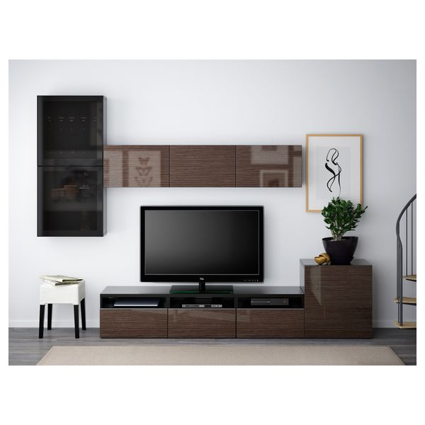 Шкаф для ТВ, комбинированный, стекляные дверцы БЕСТО, черно-коричневый, Сельсвикен глянцевый/коричневый дымчат стекло - фото 2