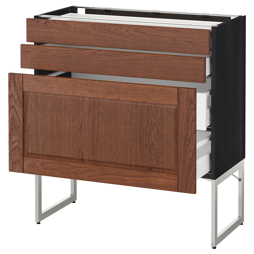 Напольный шкаф 3 фронтальных панели, 2 нижних, 2 средних ящика МЕТОД / МАКСИМЕРА, черный, Филипстад коричневый - схема-чертеж с размерами