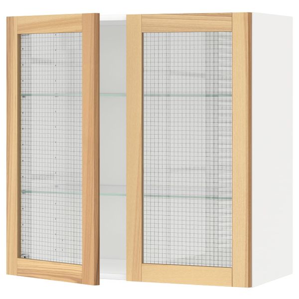 Навесной шкаф/полки/2стеклян двери, белый/Торхэмн ясень 80x80 см IKEA METOD МЕТОД 494.453.83 - фото 1