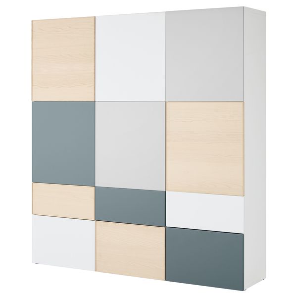 Комбинация для хранения с дверцами, ящиками БЕСТО, белый/светло-серый, серо-бирюзовый ясеневый шпон (180x42x192 см) - фото 1