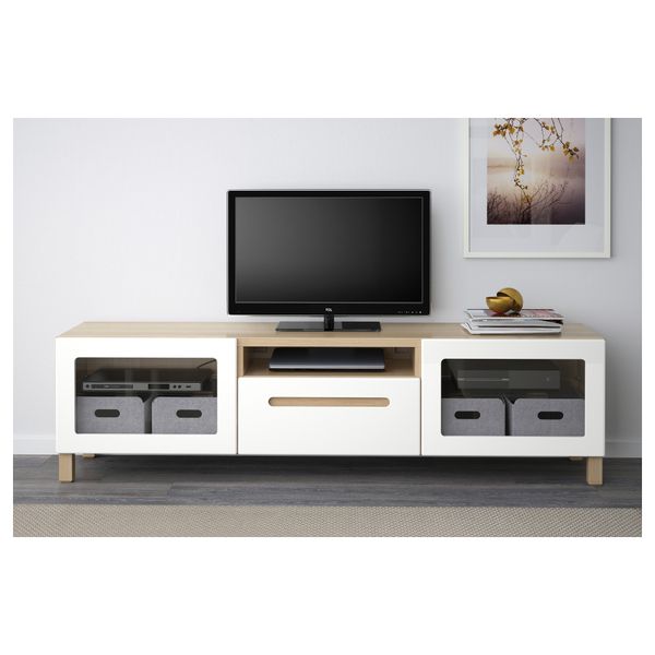 Тумба под ТВ БЕСТО, под беленый дуб, Марвикен белый прозрачное стекло (180x40x48 см) - фото 2