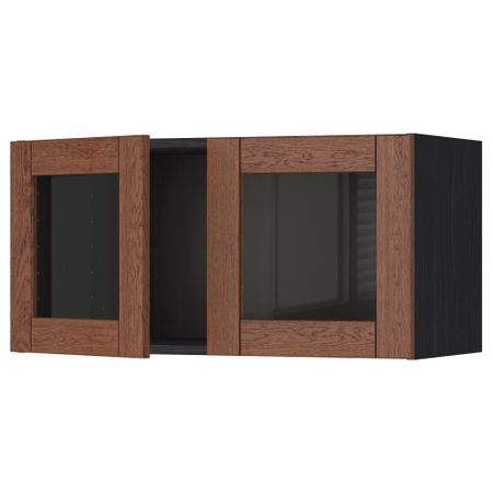 Навесной шкаф с 2 стеклянная дверями МЕТОД, черный, Филипстад коричневый (80x40 см)