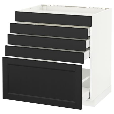 Напольный шкаф для варочной панели, 5 фасадов, 4 ящиков МЕТОД / МАКСИМЕРА, белый, Лаксарби черно-коричневый