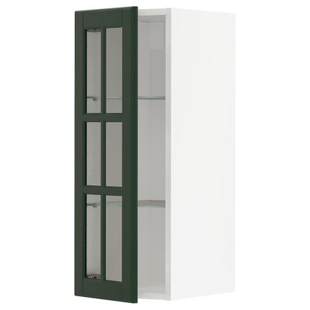 Навесной шкаф с полками, стекляными дв, белый/Будбин темно-зеленый 30x80 см IKEA METOD МЕТОД 593.123.54