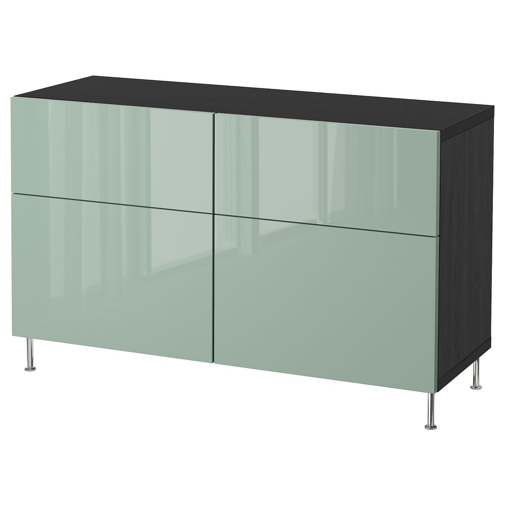 Комбинация для хранения с дверцами/ящ, черно-коричневый, СЕЛЬСВ/СТАЛЛАРП глянцевый/серо-зеленый светлый, 120x40x74 см IKEA БЕСТО - фото 1