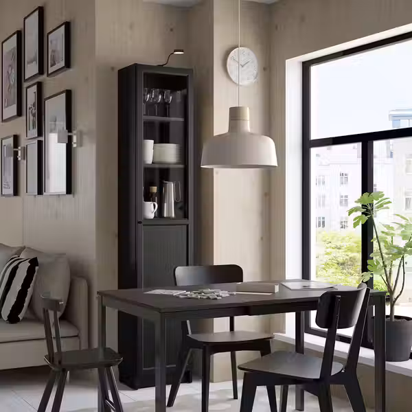 BILLY / OXBERG Стеллаж/панельная/стеклянная дверь - чёрный под дуб 40x30x202 см - фото 2