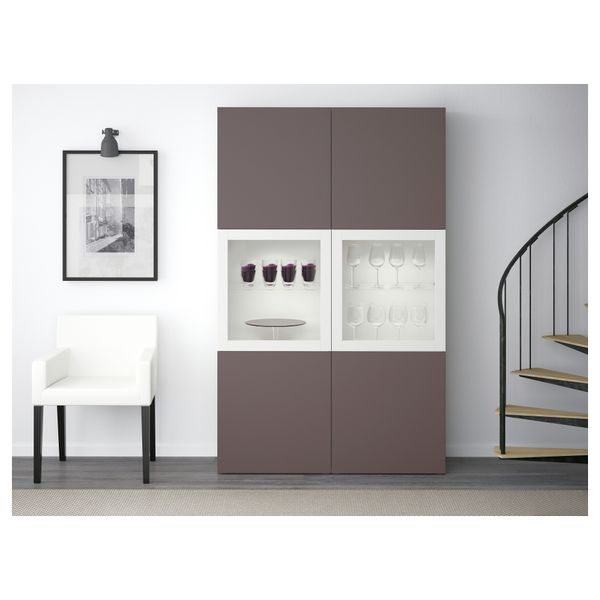 Комбинация для хранения со стеклянными дверцами БЕСТО, белый, Вальвикен темно-коричневый, прозрачное стекло (120x40x192 см) - фото 2