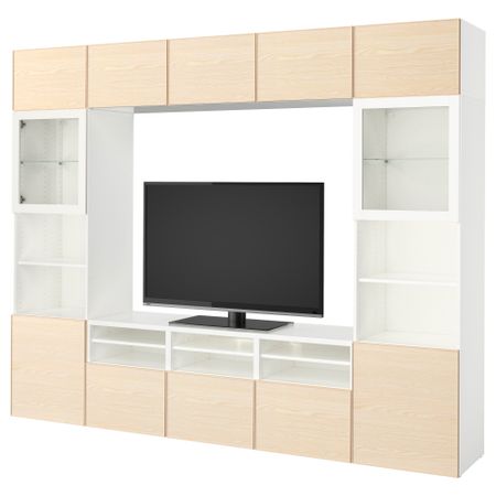 Шкаф для ТВ, комбинированный, стекляные дверцы БЕСТО, белый Инвикен, ясеневый шпон прозрачное стекло (300x40x230 см)