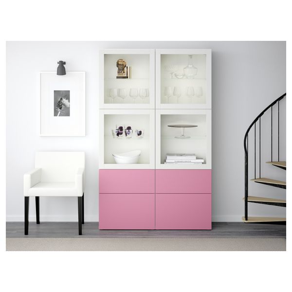 Комбинация для хранения со стеклянными дверцами БЕСТО, Лаппвикен розовый, Синдвик белый прозрачное стекло (120x40x192 см) - фото 2