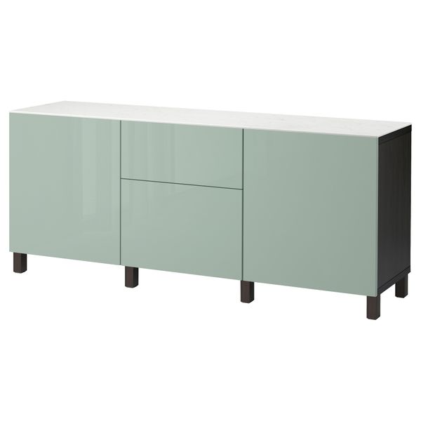 Комбинация для хранения с дверцами, ящиками БЕСТО, черно-коричневый, Сельсвикен глянцевый/серо-зеленый светлый (180x42x74 см) - фото 1