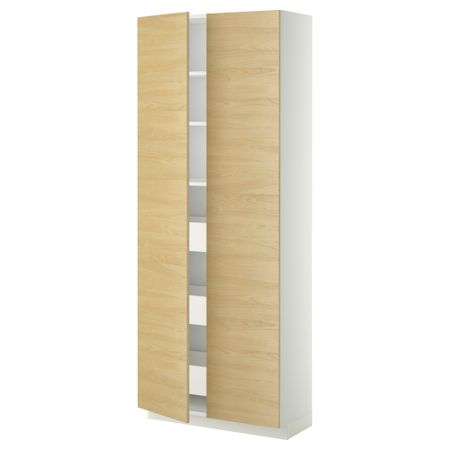 Высокий шкаф с ящиками, 2 дверцы МЕТОД / МАКСИМЕРА, белый, Тингсрид береза (80x37x200 см)