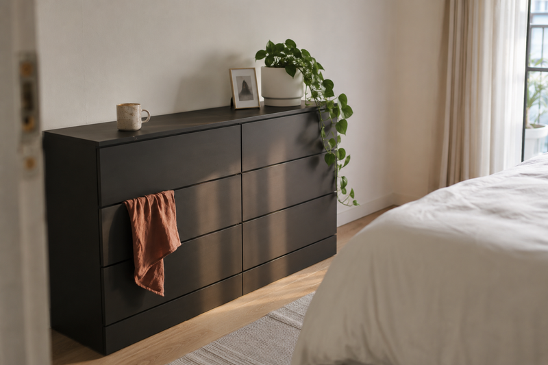 Комод NORDLI антрацит 9 ящиков в минималистской спальне — модульная система IKEA от Ola Wihlborg