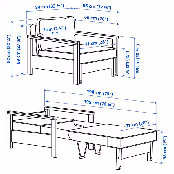 TORNSBORG ТОРНСБОРГ Кресло-кровать - Naggen бежевый/сосна - схема-чертеж с размерами