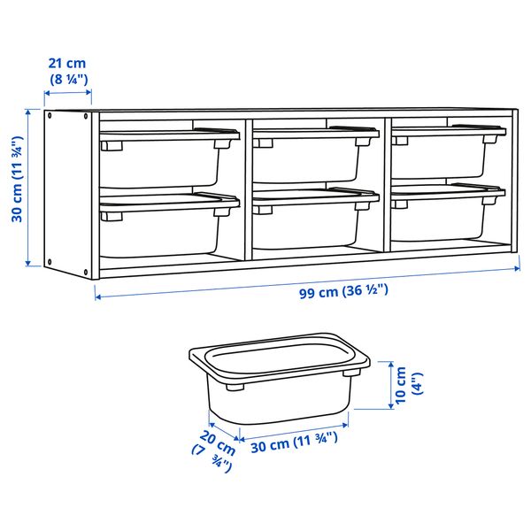 Настенный модуль для хранения, серый-белый, 99x21x30 см IKEA TROFAST ТРУФАСТ 795.754.91 - схема-чертеж с размерами