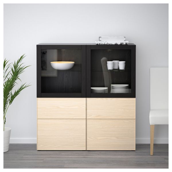 Комбинация для хранения со стеклянными дверцами БЕСТО, черно-коричневый, Инвикен ясеневый шпон (120x40x128 см) - фото 2