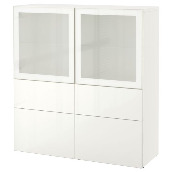Комбинация для хранения со стеклянными дверцами БЕСТО, белый, Сельсвикен глянцевый/белый матовое стекло (120x40x128 см) - фото 1