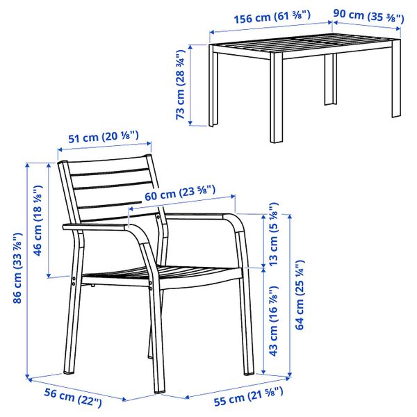 Стол + 4 кресла, для/сада, светло-коричневый/светло-серый 156x90 см IKEA SJÄLLAND ШЭЛЛАНД 492.650.65 - схема-чертеж с размерами