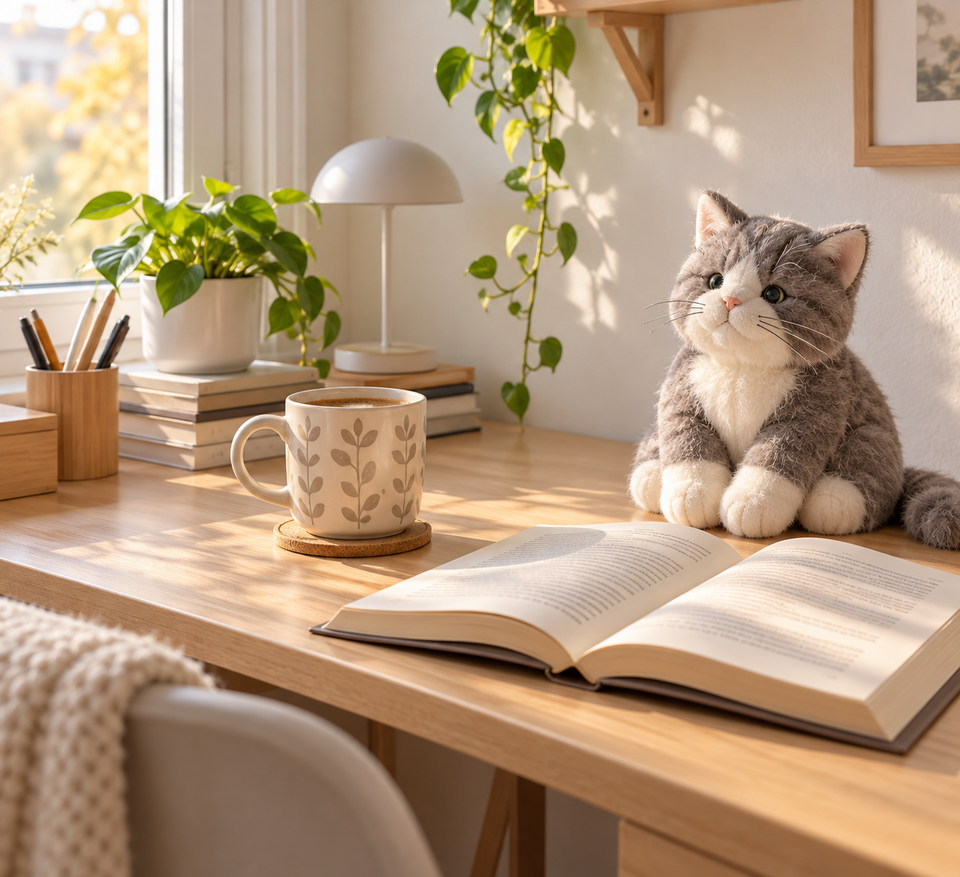 Бежевая кружка с рисунком с кофе на рабочем столе рядом с открытой книгой и серо-белой мягкой игрушкой-котом