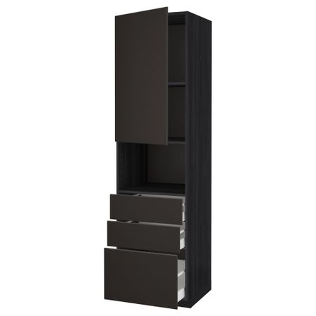 Высокий шкаф для/СВЧ+дверца/3 ящика МЕТОД / МАКСИМЕРА, черный, Кунгсбакка антрацит