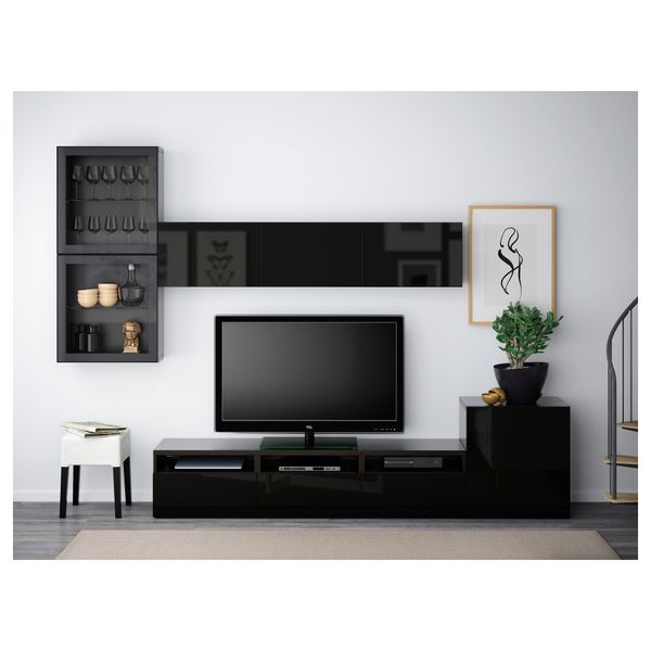 Шкаф для ТВ, комбинированный, стекляные дверцы БЕСТО, черно-коричневый, Сельсвикен глянцевый/черный прозрачное стекло - фото 2