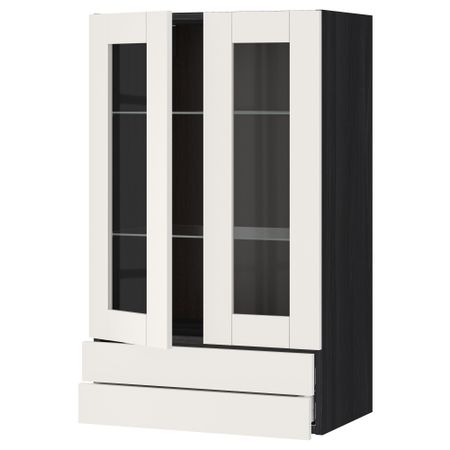 Навесной шкаф, 2 стеклянные дверцы, 2 ящика МЕТОД / МАКСИМЕРА, черный, Сэведаль белый