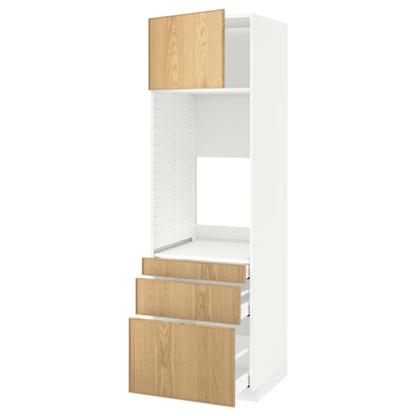 Высокий шкаф для двойной духовки, 3 ящика, дверца МЕТОД / МАКСИМЕРА, белый, Экестад дуб - схема-чертеж с размерами