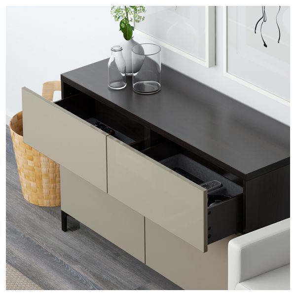 Комбинация для хранения с дверцами, ящиками БЕСТО, черно-коричневый, Сельсвикен глянцевый/бежевый (120x40x74 см) - схема-чертеж с размерами