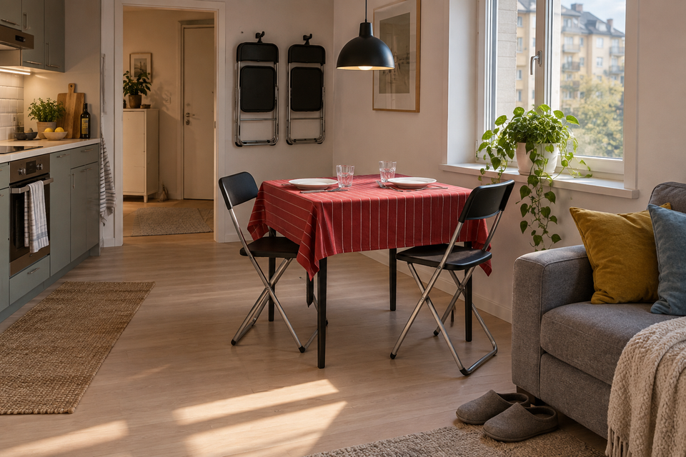 Обеденная группа за 900 BYN в кухне-гостиной: чёрный стол IKEA SANDSBERG, складные стулья GUNDE, скатерть VIPPSTARR