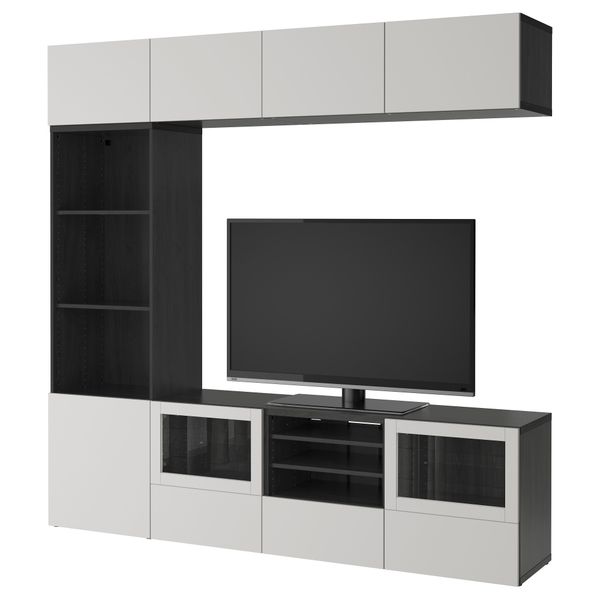 Шкаф для ТВ, комбинированный, стекляные дверцы БЕСТО, черно-коричневый, Лаппвикен светло-серый прозрачное стекло (240x40x230 см) - фото 1