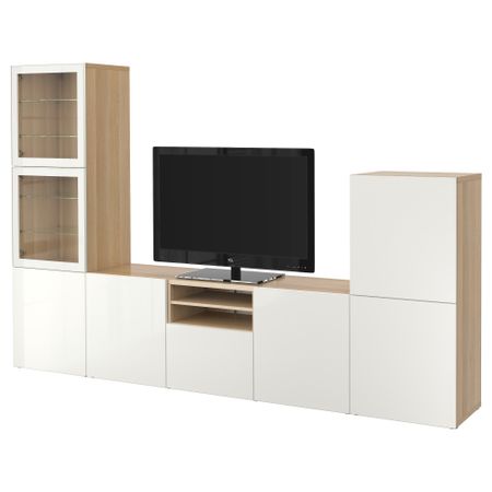 Шкаф для ТВ, комбинированный, стекляные дверцы БЕСТО, под беленый дуб, Сельсвикен глянцевый/белый прозрачное стекло (300x40x192
