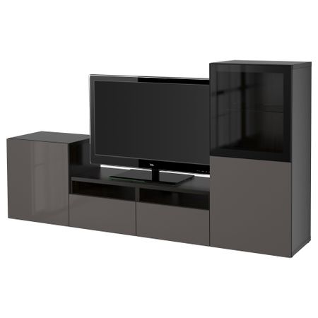 Шкаф для ТВ, комбинированный, стекляные дверцы БЕСТО, черно-коричневый, Сельсвикен глянцевый/серый прозрачное стекло (240x40x128