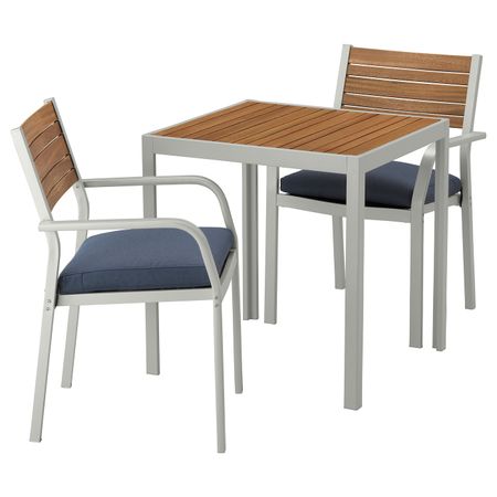 Садовый стол и 2 легких кресла, светло-коричневый/ФРЁСЁН/ДУВХОЛЬМЕН синий 71x71x73 см IKEA ШЭЛЛАНД 992.653.41