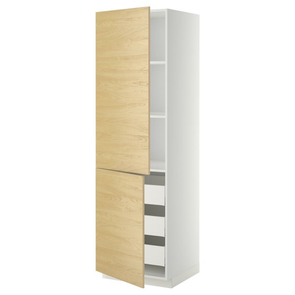 Высокий шкаф + полки, 3 ящика, 2 дверцы МЕТОД / МАКСИМЕРА, белый, Тингсрид береза - фото 1