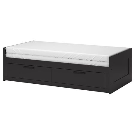 Кушетка с 2 матрасами, 2 ящиками, черный/Хусвика жесткий 80x200 см IKEA BRIMNES БРИМНЭС 792.495.35