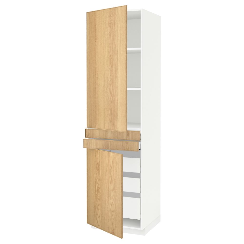 Высокий шкаф + полки, 5 ящиков, 2 дверцы, 2 фронтальных МЕТОД / МАКСИМЕРА, белый, Экестад дуб - схема-чертеж с размерами