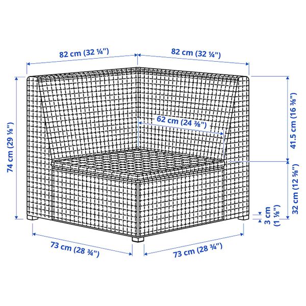 Садовая угловая секция, темно-серый IKEA SOLLERÖN СОЛЛЕРОН 704.245.95 - схема-чертеж с размерами