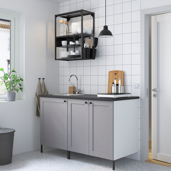 Кухня, 143x63.5x222 см, антрацит/серый каркас IKEA ENHET 393.372.56 - схема-чертеж с размерами